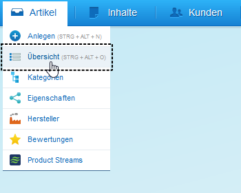 Admin Menü Artikel Übersicht